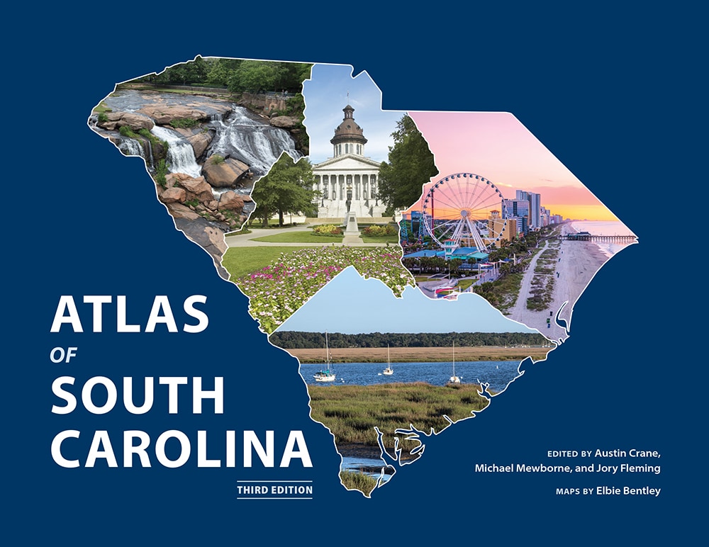 Book Cover for the Atlas of South Carolina. It features an outline of the state filled in by different photos depicting landscapes and human geography.