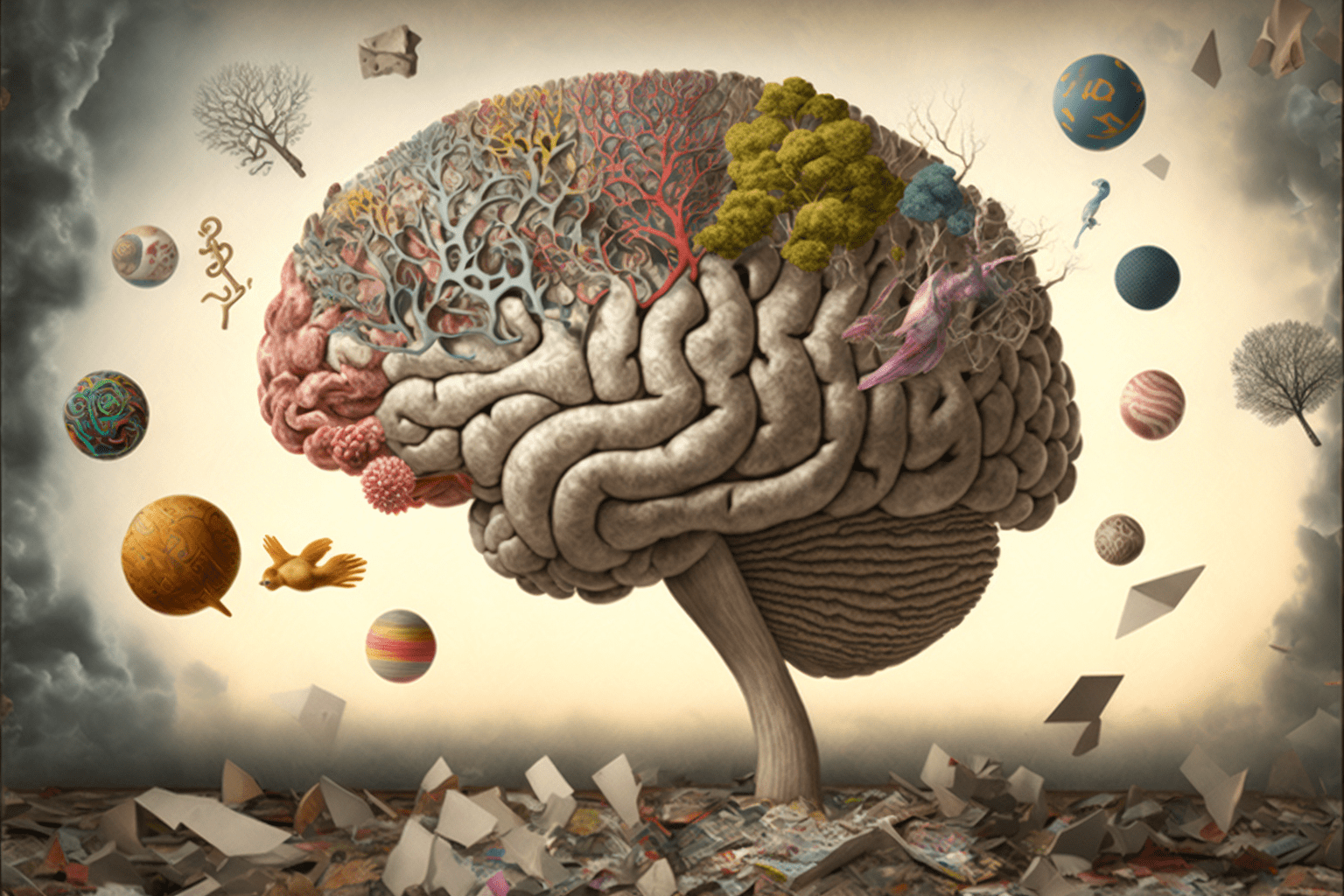 An image of a brain with colorful objects surrounding it and trees and corals growing within it.